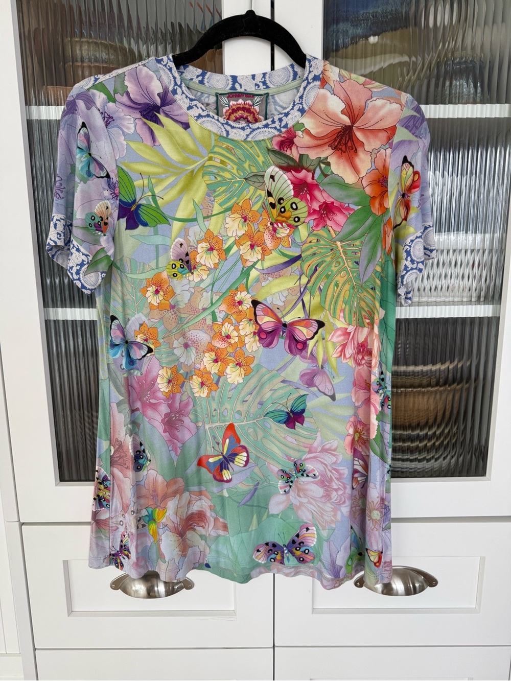 Johnny Was Multicolor Floral & Butterfly Short Sleeve Tee